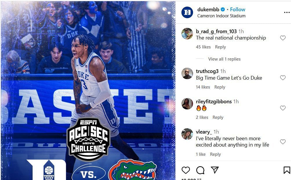 Duke fans react to the ACC/SEC men's Challenge against Florida on IG. Image via @dukembb